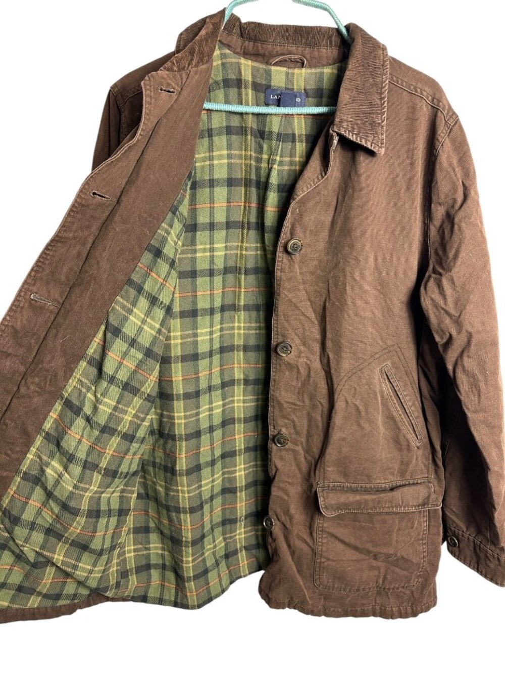 Vintage Lands' End Brown Chore Jacket Large Plaid Lined Barn Coat Workwear